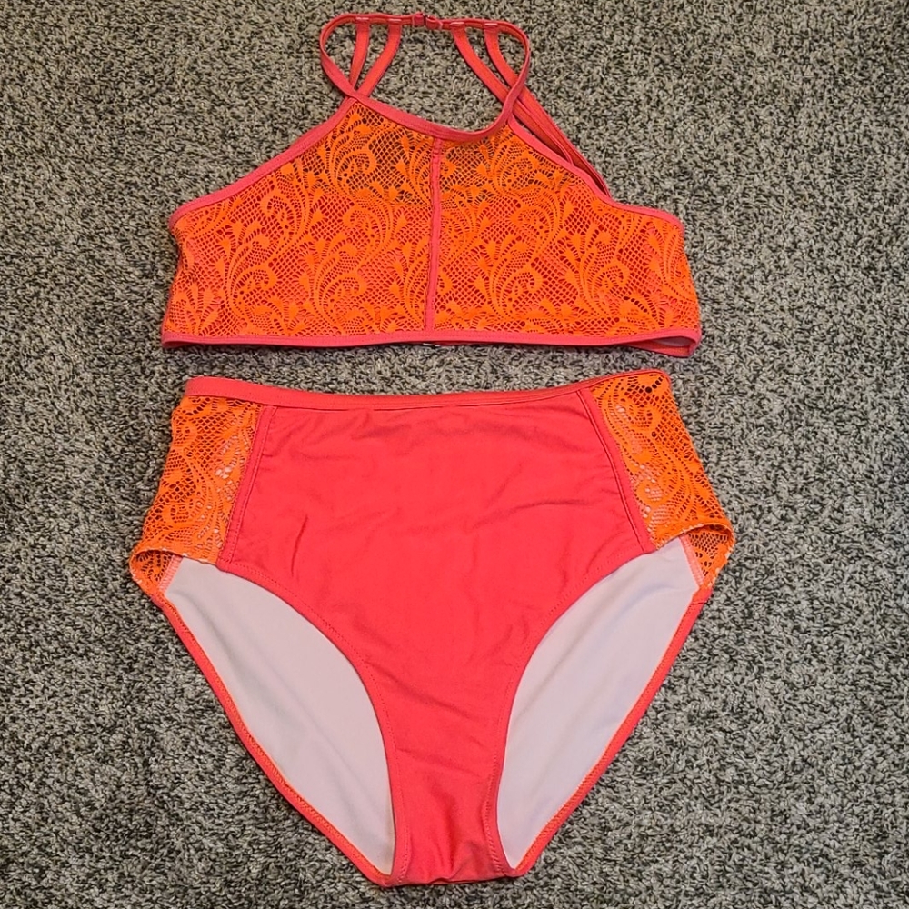 Neon Pink High Rise Bikini with Lace Size XL
